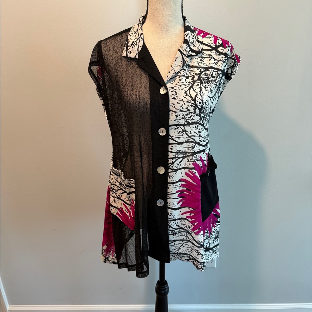 Anea A Semi Sheer Art to Wear Abstract Tunic Blouse Sleeveless Womens sz Small